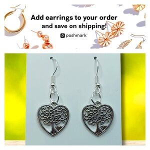 Dangle Earrings Tree‎ of Life Silver Hearts